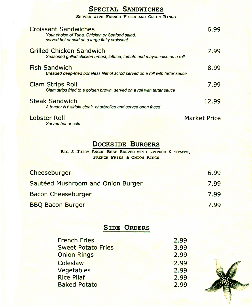 Specials Sandwiches, Burgers and Side Orders on Jason's Seafood Lunch Menu